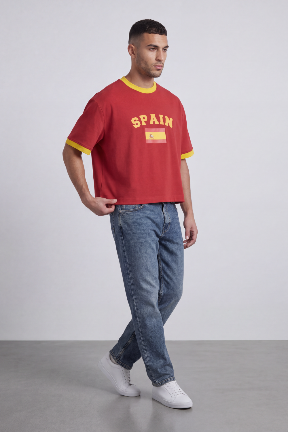 Men’s Tomato Store Spain Match Cropped Box Fit T-Shirt Varsity Spain Chest Typography With Flag