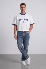 Men’s Tomato Store England Varsity Cropped Box Fit T-Shirt Arch England Typography With Center Flag Artwork