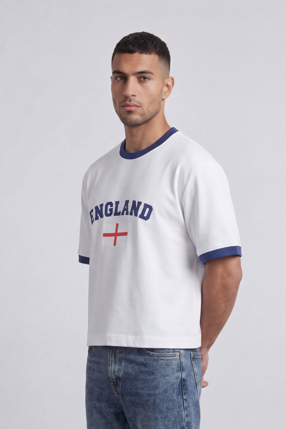 Men’s Tomato Store England Varsity Cropped Box Fit T-Shirt Arch England Typography With Center Flag Artwork