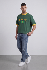 Men’s Tomato Store Brazil Varsity Cropped T-Shirt Arch Brazil Typography With Center Flag Artwork Box Fit
