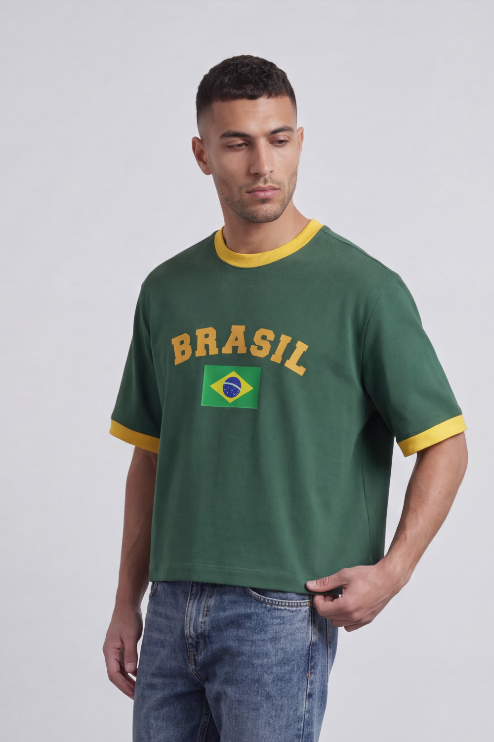Men’s Tomato Store Brazil Varsity Cropped T-Shirt Arch Brazil Typography With Center Flag Artwork Box Fit