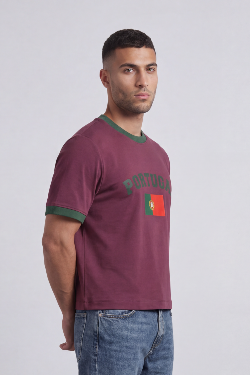 Men’s Tomato Store Portugal Varsity Cropped T-Shirt Box Fit Arch Portugal Typography With Center Flag Artwork