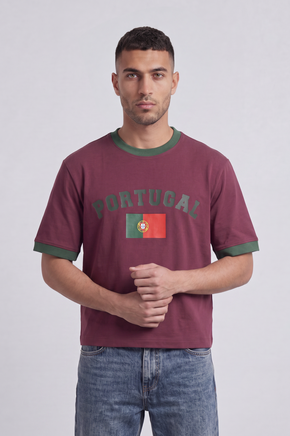Men’s Tomato Store Portugal Varsity Cropped T-Shirt Box Fit Arch Portugal Typography With Center Flag Artwork