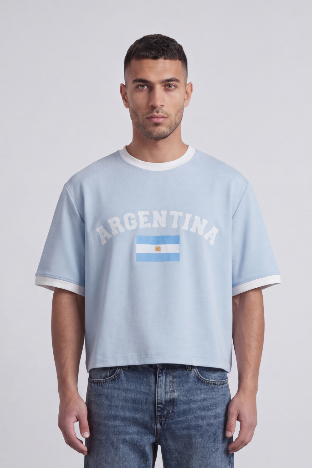 Men’s Tomato Store Argentina Varsity Cropped Box Fit T-Shirt Arch Argentina Typography With Center Flag Artwork