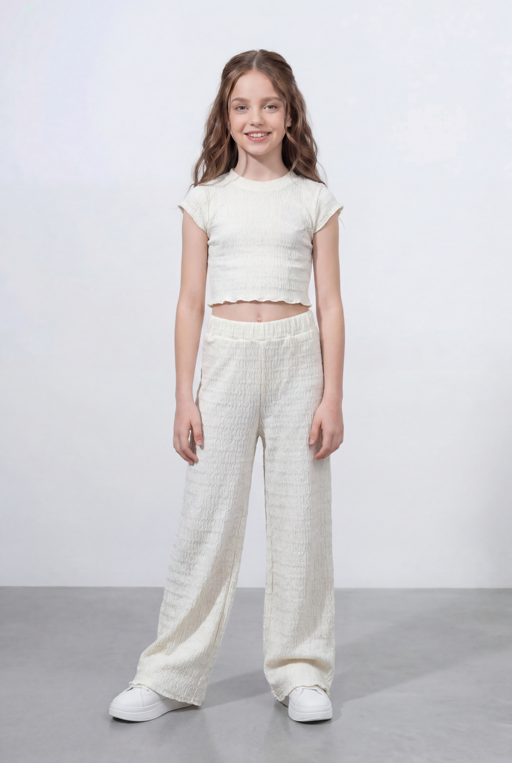Girl's Tomato Store Textured Co-Ord Set Featuring Smocked Cropped Outfit Crinkle Fabric