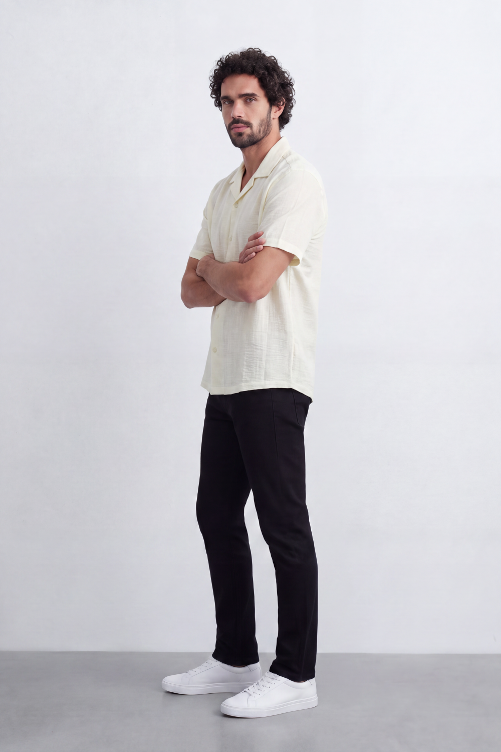 Men's Tomato Store Linen Textured Woven Resort Shirt Camp Collar Crinkle Finish Slim Fit