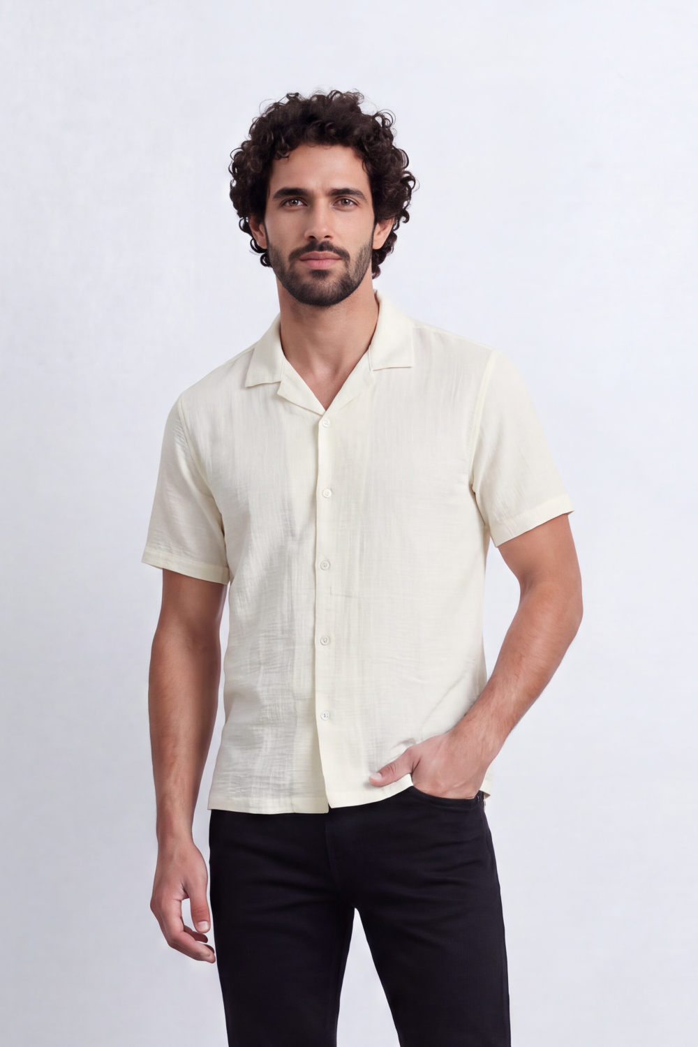 Men's Tomato Store Linen Textured Woven Resort Shirt Camp Collar Crinkle Finish Slim Fit