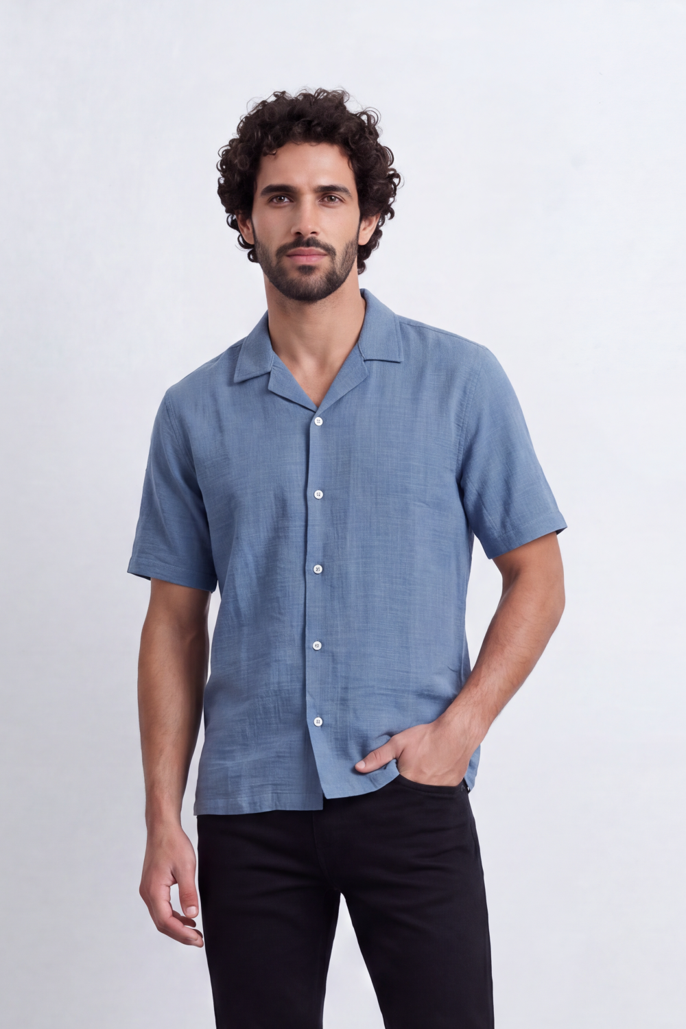 Men's Tomato Store Linen Textured Woven Resort Shirt Camp Collar Crinkle Finish Slim Fit