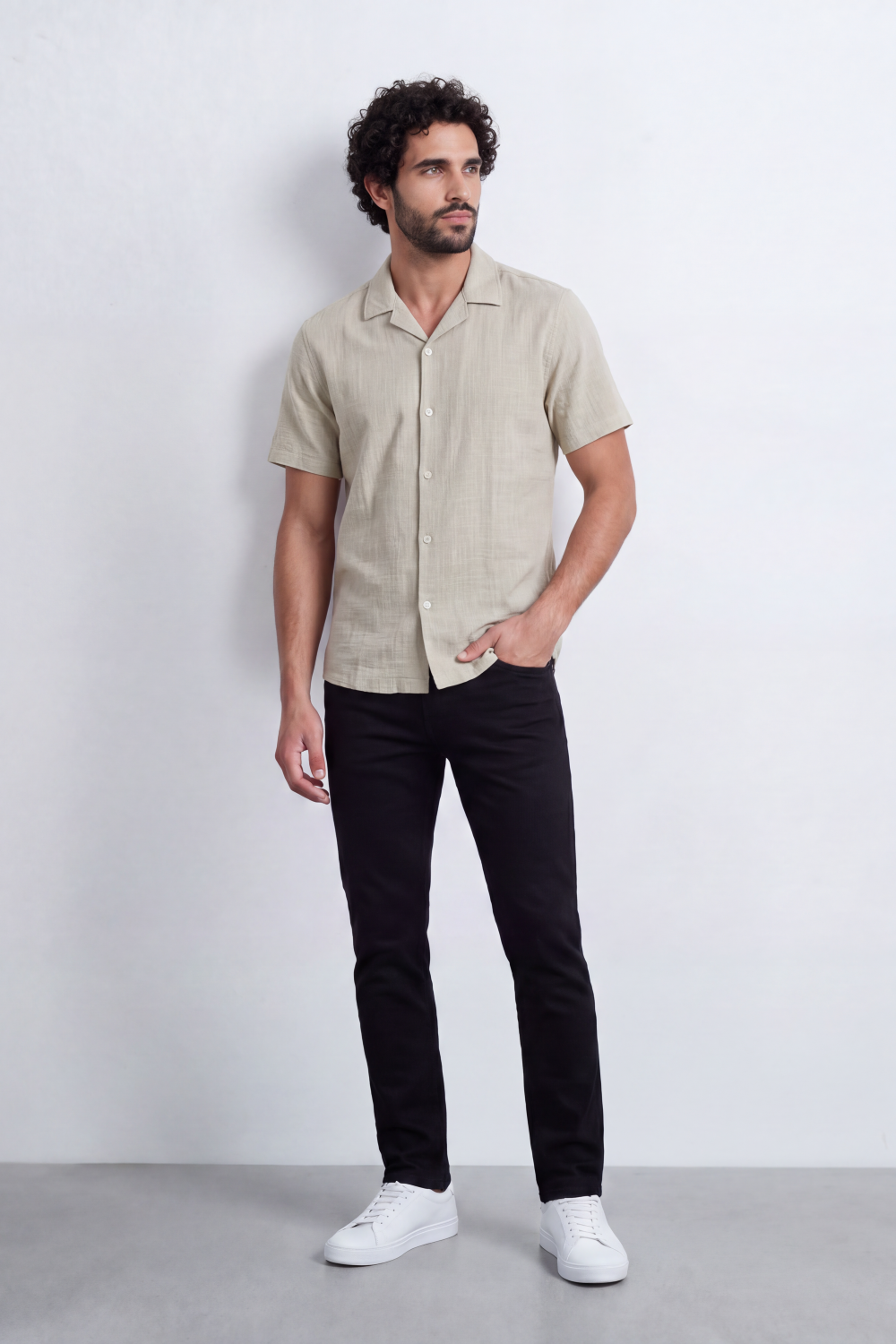 Men's Tomato Store Linen Textured Woven Resort Shirt Camp Collar Crinkle Finish Slim Fit