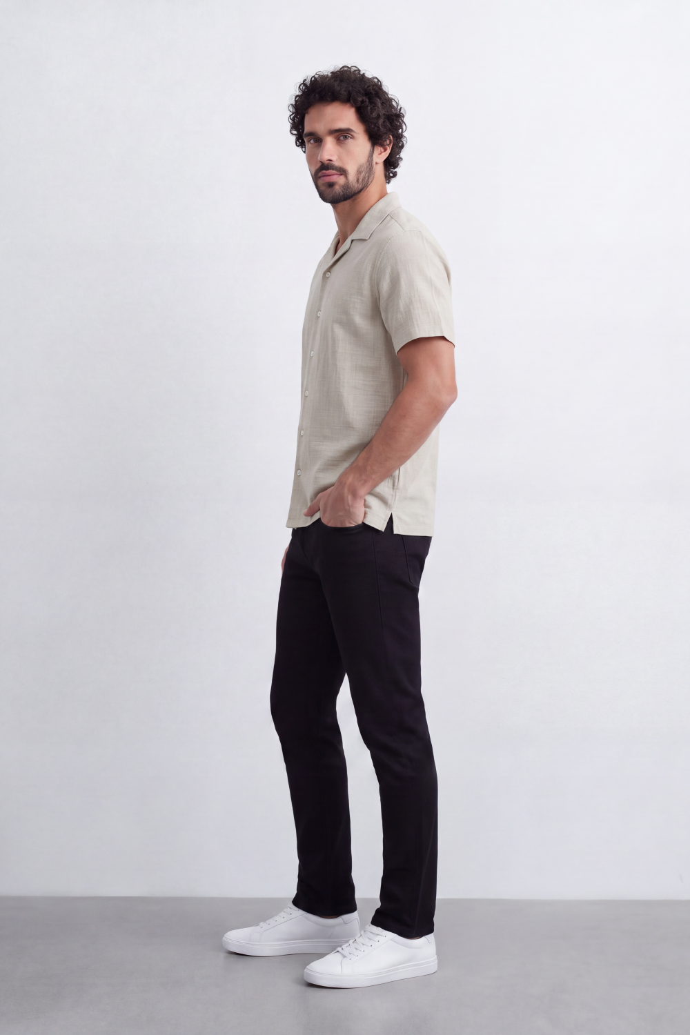 Men's Tomato Store Linen Textured Woven Resort Shirt Camp Collar Crinkle Finish Slim Fit