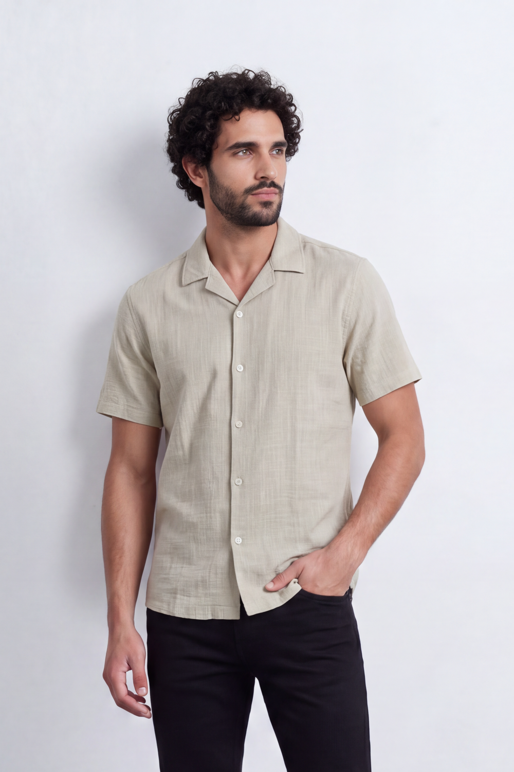 Men's Tomato Store Linen Textured Woven Resort Shirt Camp Collar Crinkle Finish Slim Fit