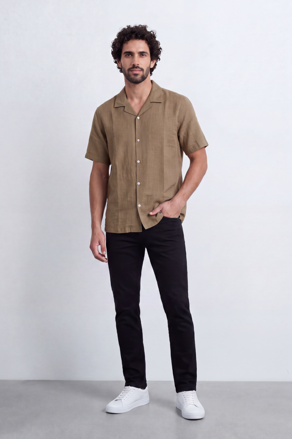 Men's Tomato Store Linen Textured Woven Resort Shirt Camp Collar Crinkle Finish Slim Fit