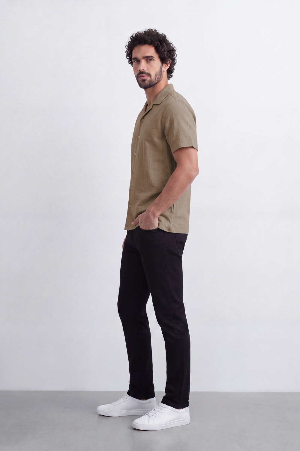 Men's Tomato Store Linen Textured Woven Resort Shirt Camp Collar Crinkle Finish Slim Fit