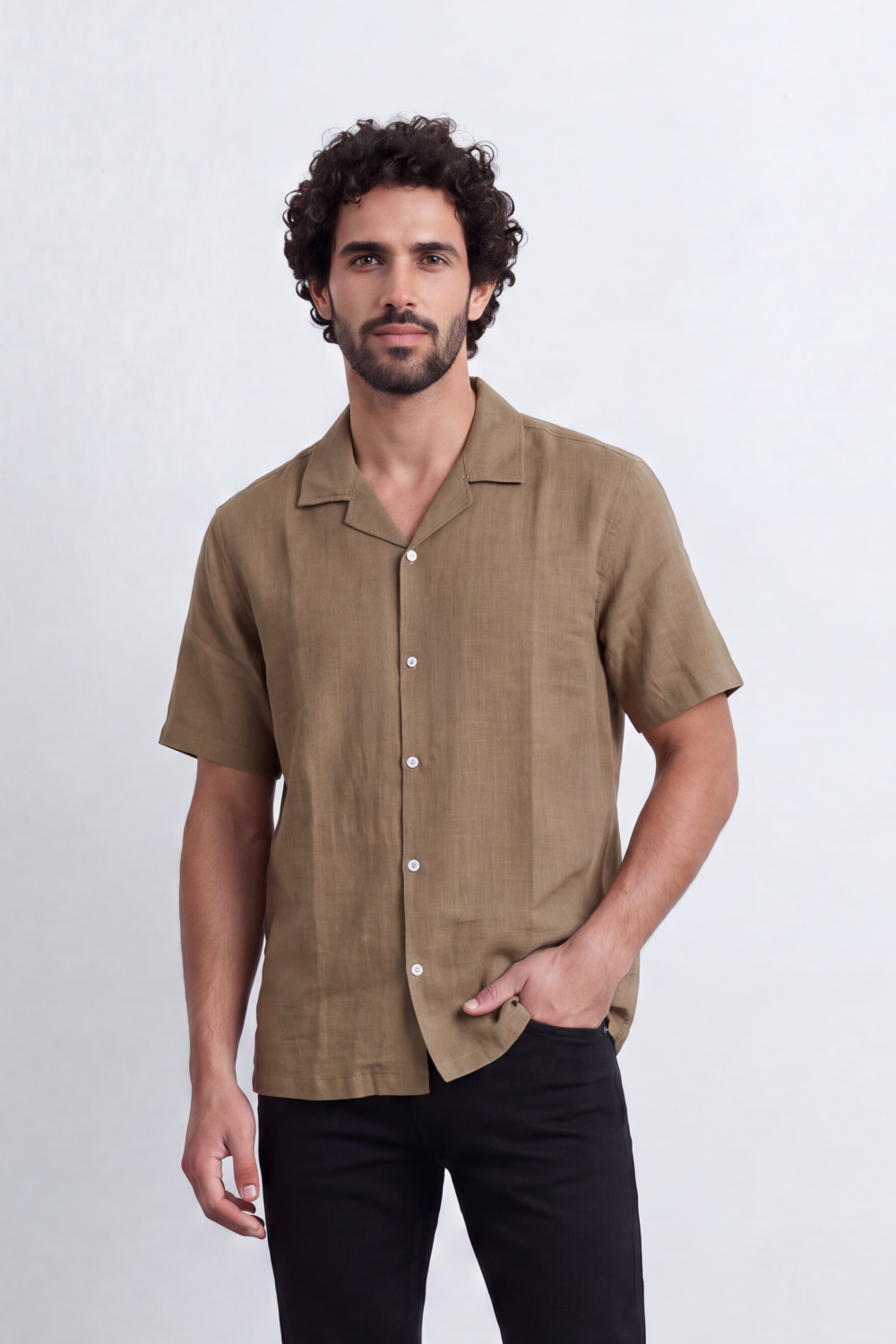 Men's Tomato Store Linen Textured Woven Resort Shirt Camp Collar Crinkle Finish Slim Fit