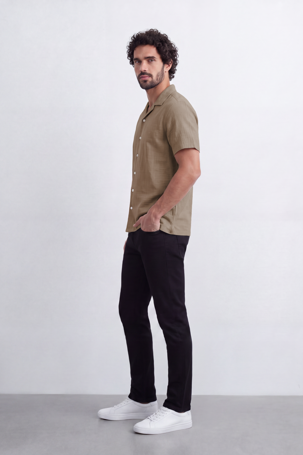 Men's Tomato Store Linen Textured Woven Resort Shirt Camp Collar Crinkle Finish Slim Fit