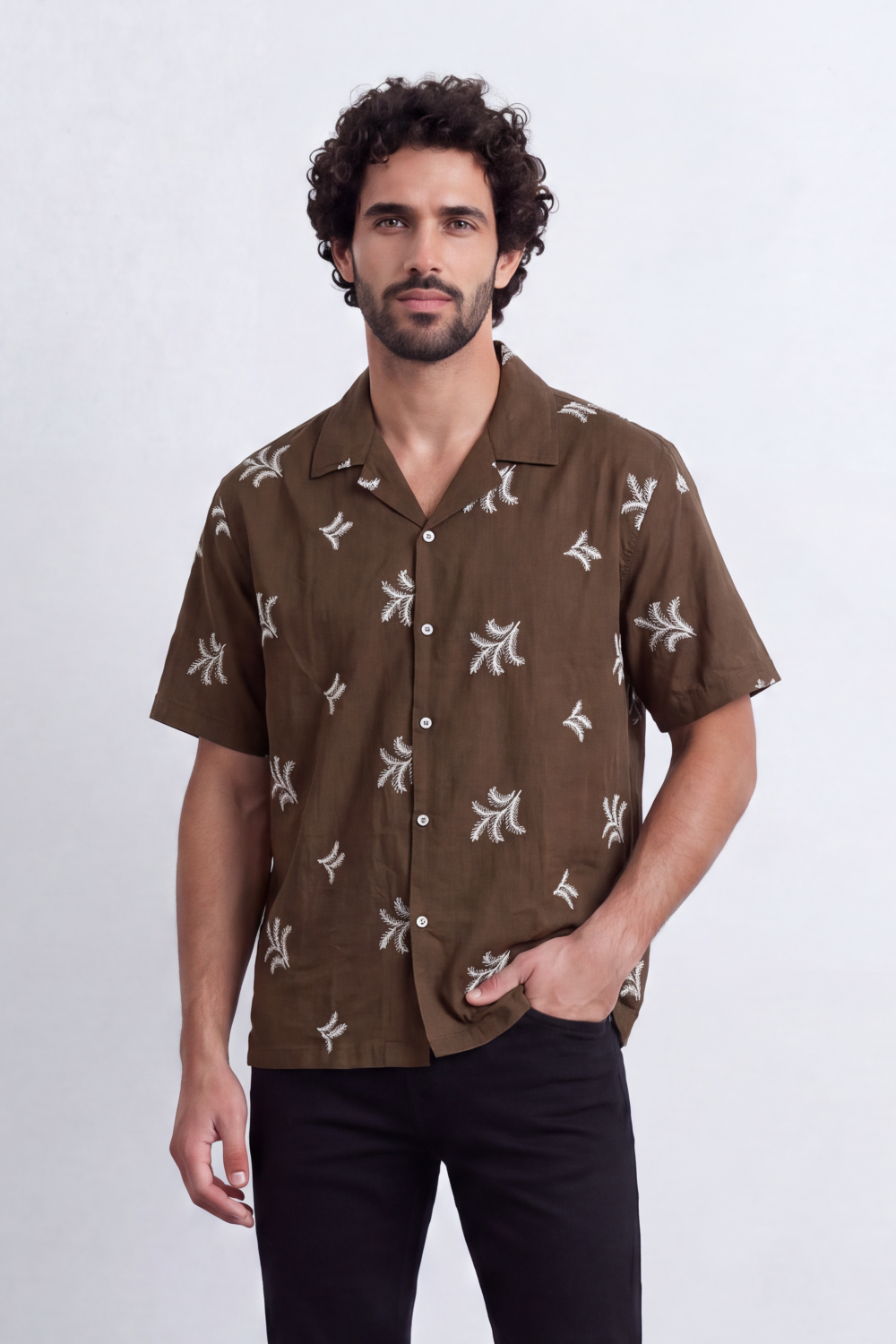 Men's Tomato Store Summer Resort Shirt Camp Collar Botanical Embroidery Relaxed Fit Vacation Style