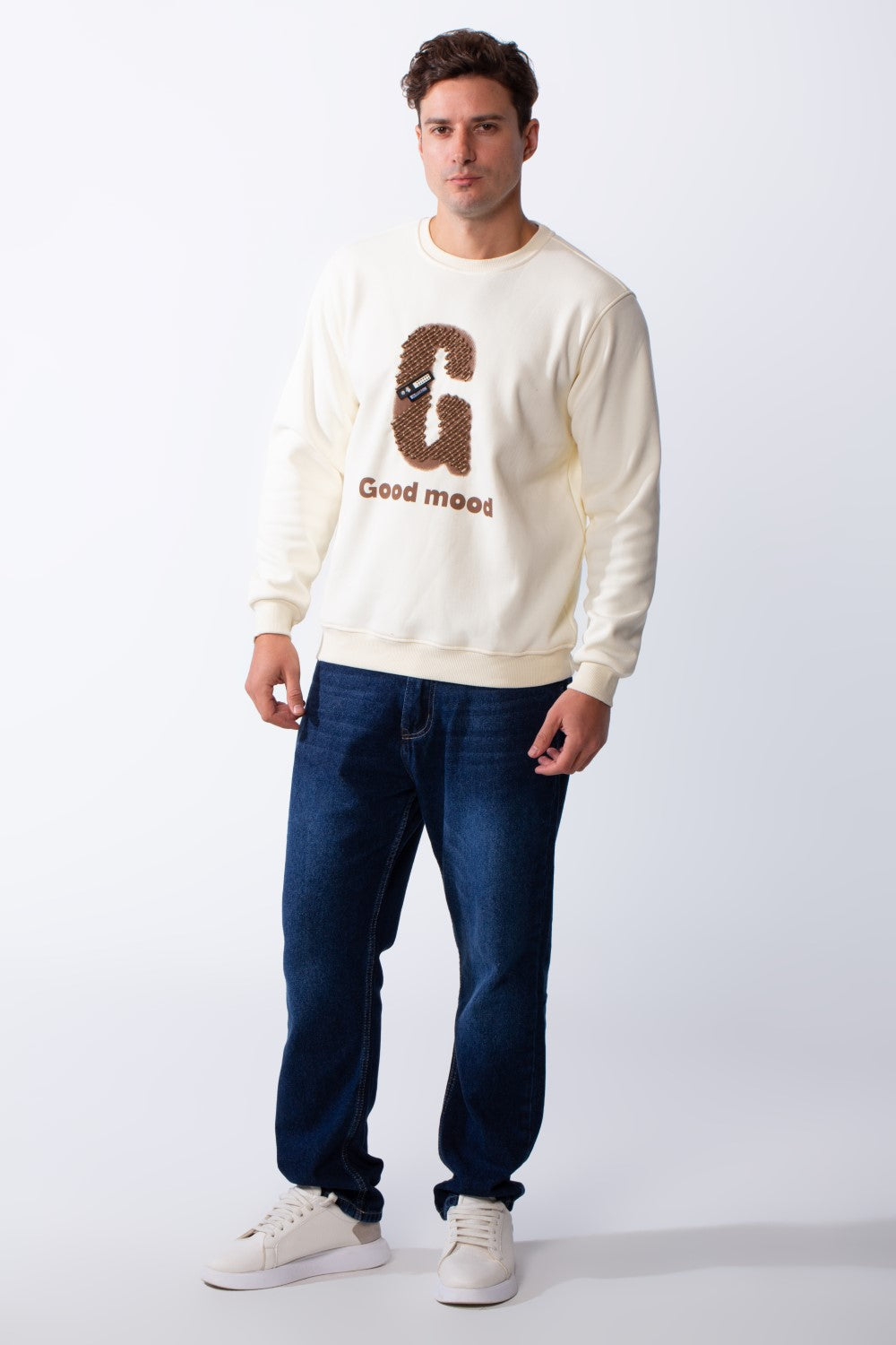 Men's Crew Neck Long Sleeves Front Embroidered Letter Slim Fit Sweatshirt