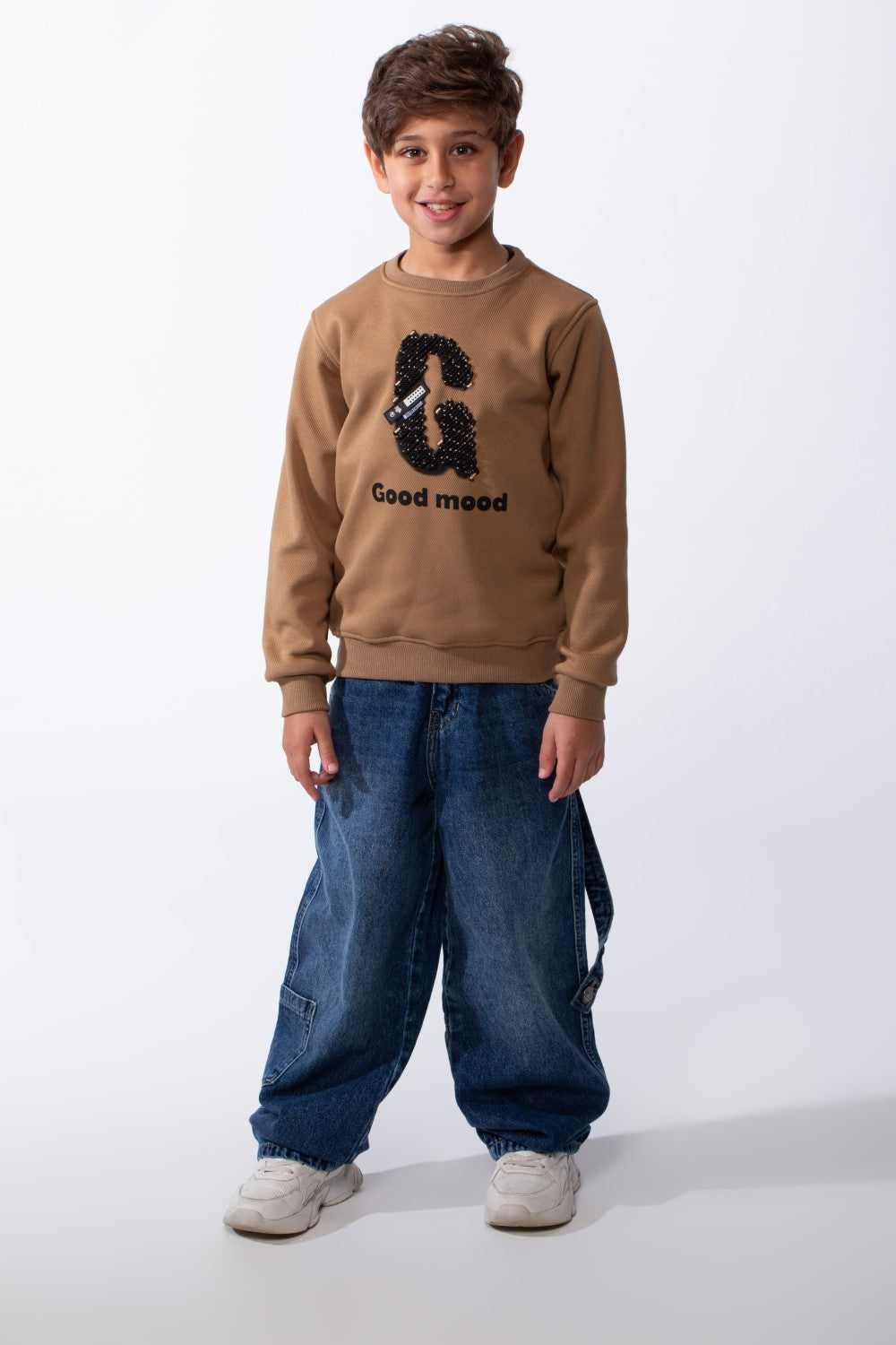 Boy's Good Mood Front Print Crew Neck Slim Fit Sweatshirt