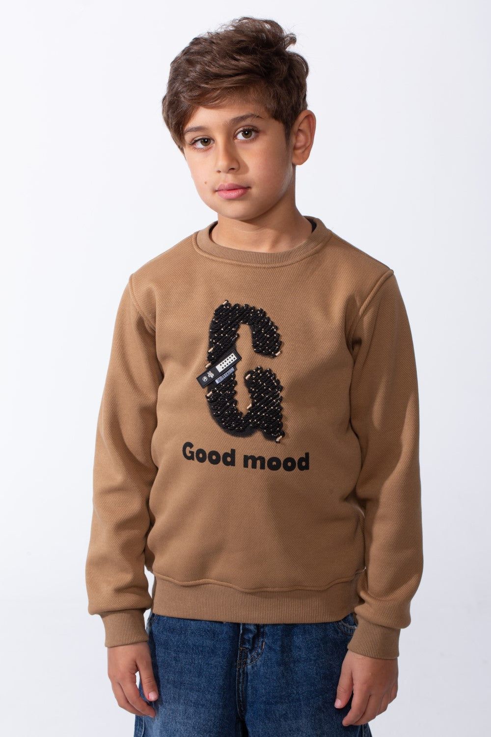 Boy's Good Mood Front Print Crew Neck Slim Fit Sweatshirt