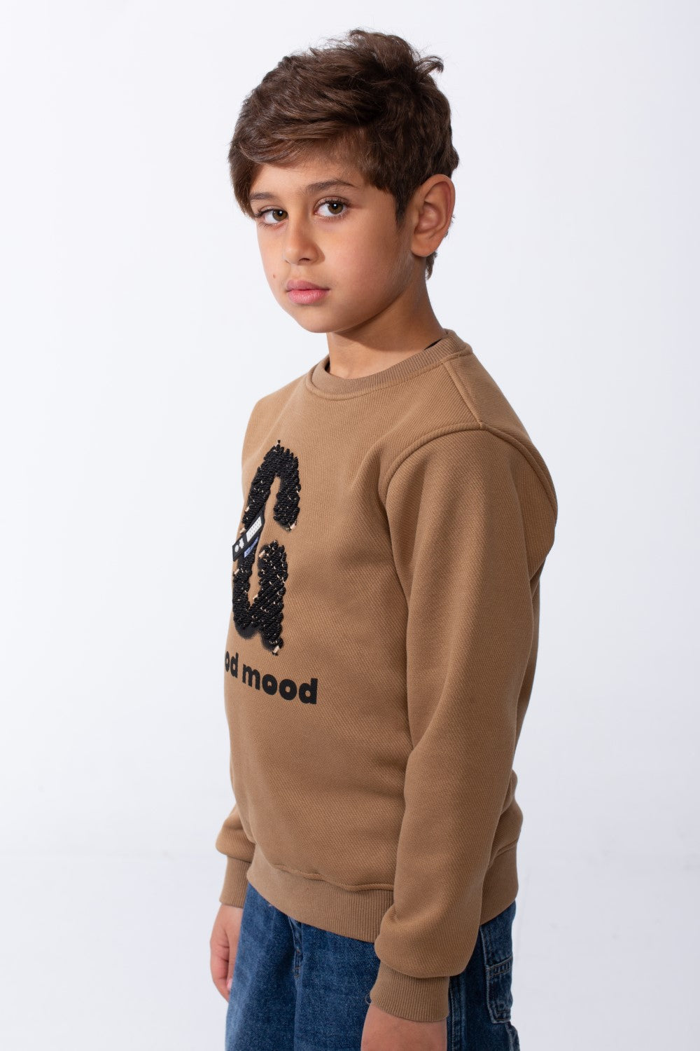 Boy's Good Mood Front Print Crew Neck Slim Fit Sweatshirt