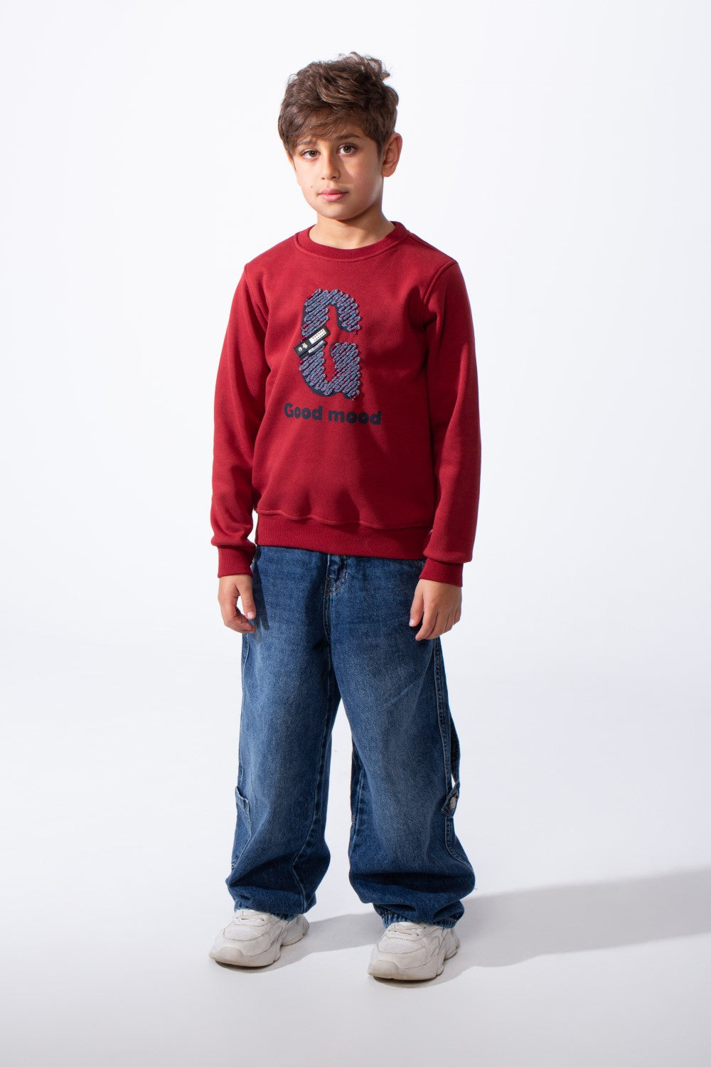 Boy's Good Mood Front Print Crew Neck Slim Fit Sweatshirt