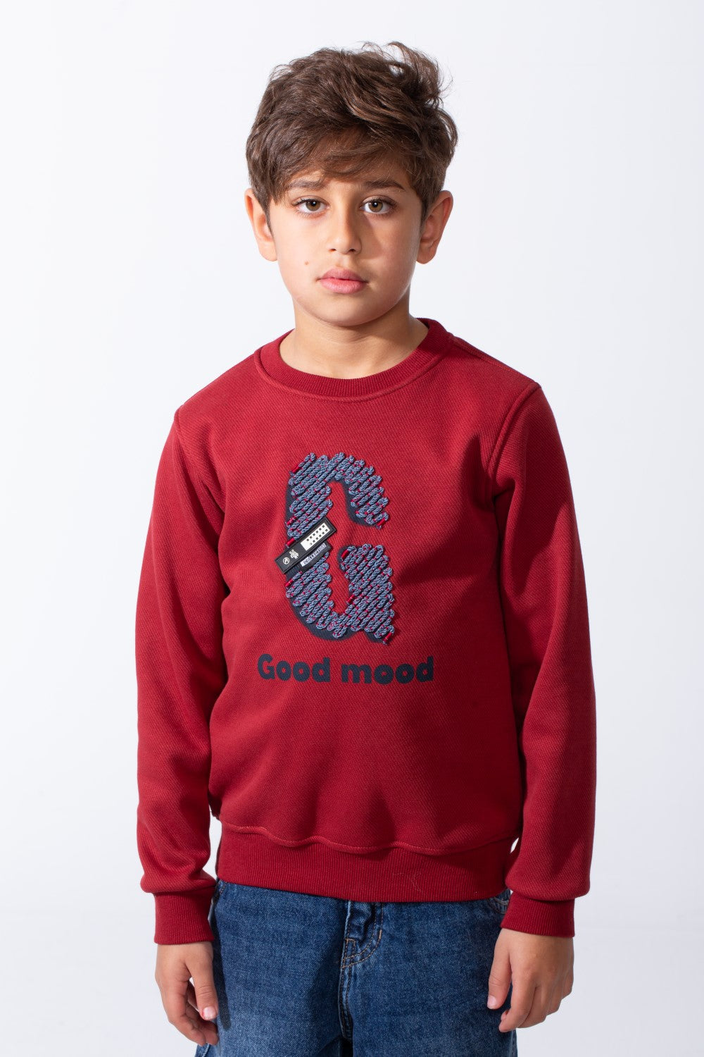 Boy's Good Mood Front Print Crew Neck Slim Fit Sweatshirt