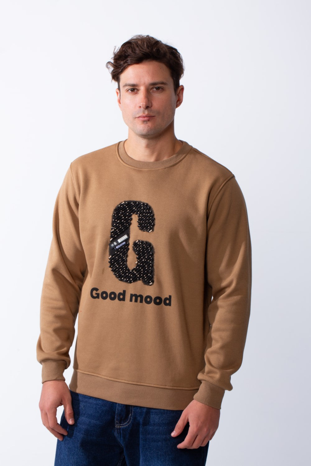 Men's Crew Neck Long Sleeves Front Embroidered Letter Slim Fit Sweatshirt