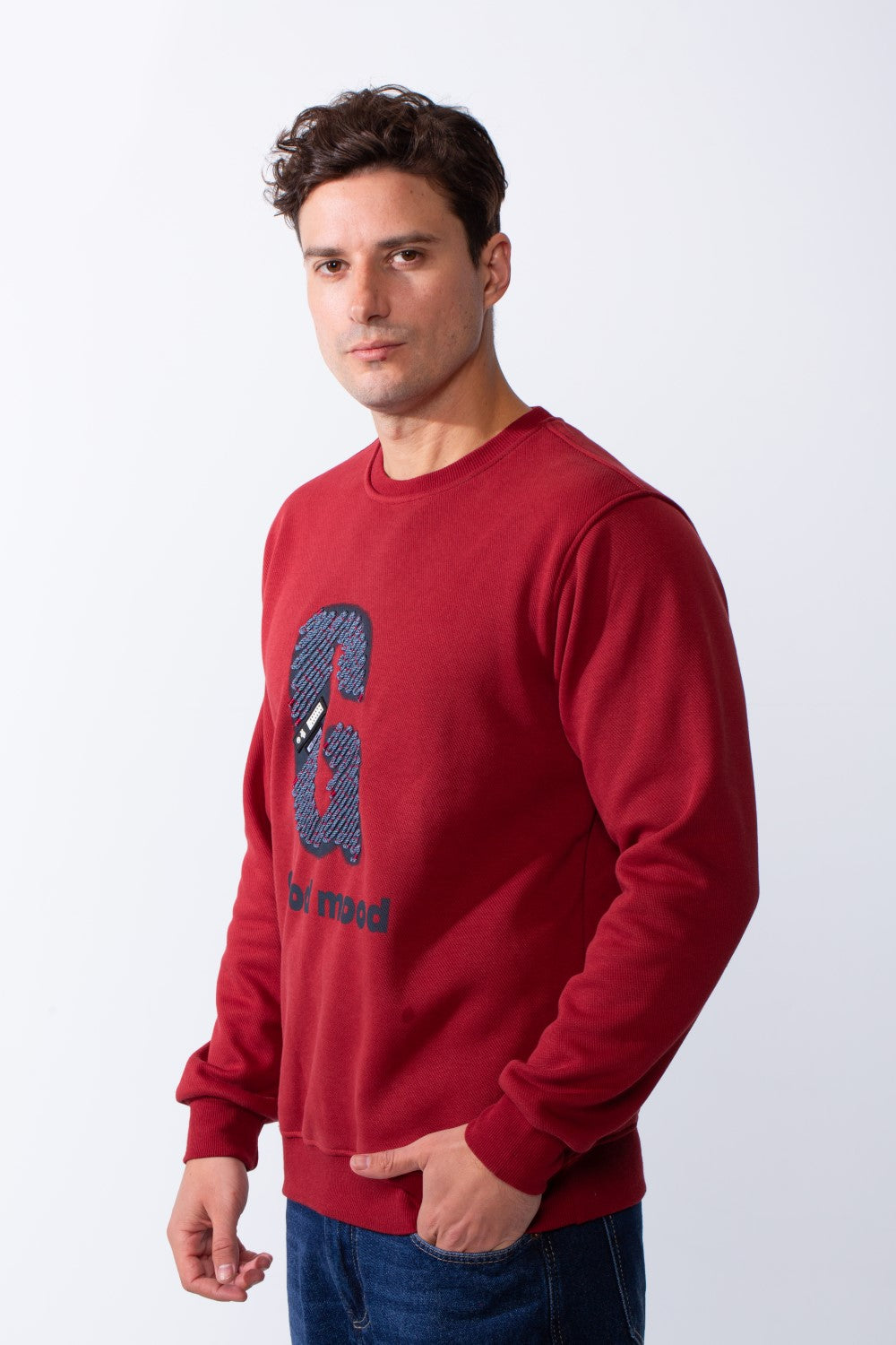 Men's Crew Neck Long Sleeves Front Embroidered Letter Slim Fit Sweatshirt