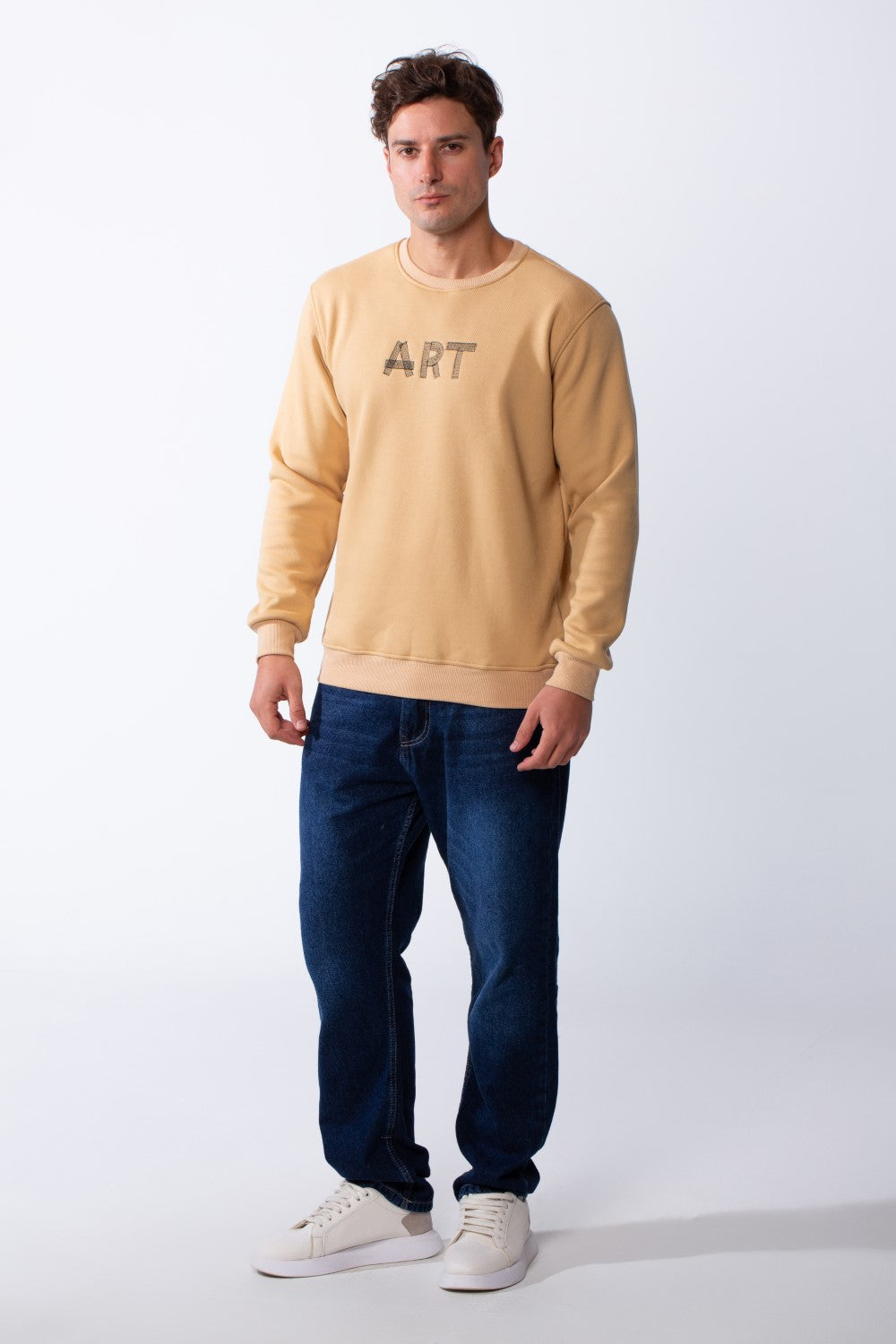 Men's Round Neck With Front Text Print Ribbed Cuffs And Waistband Slim Fit Sweatshirt