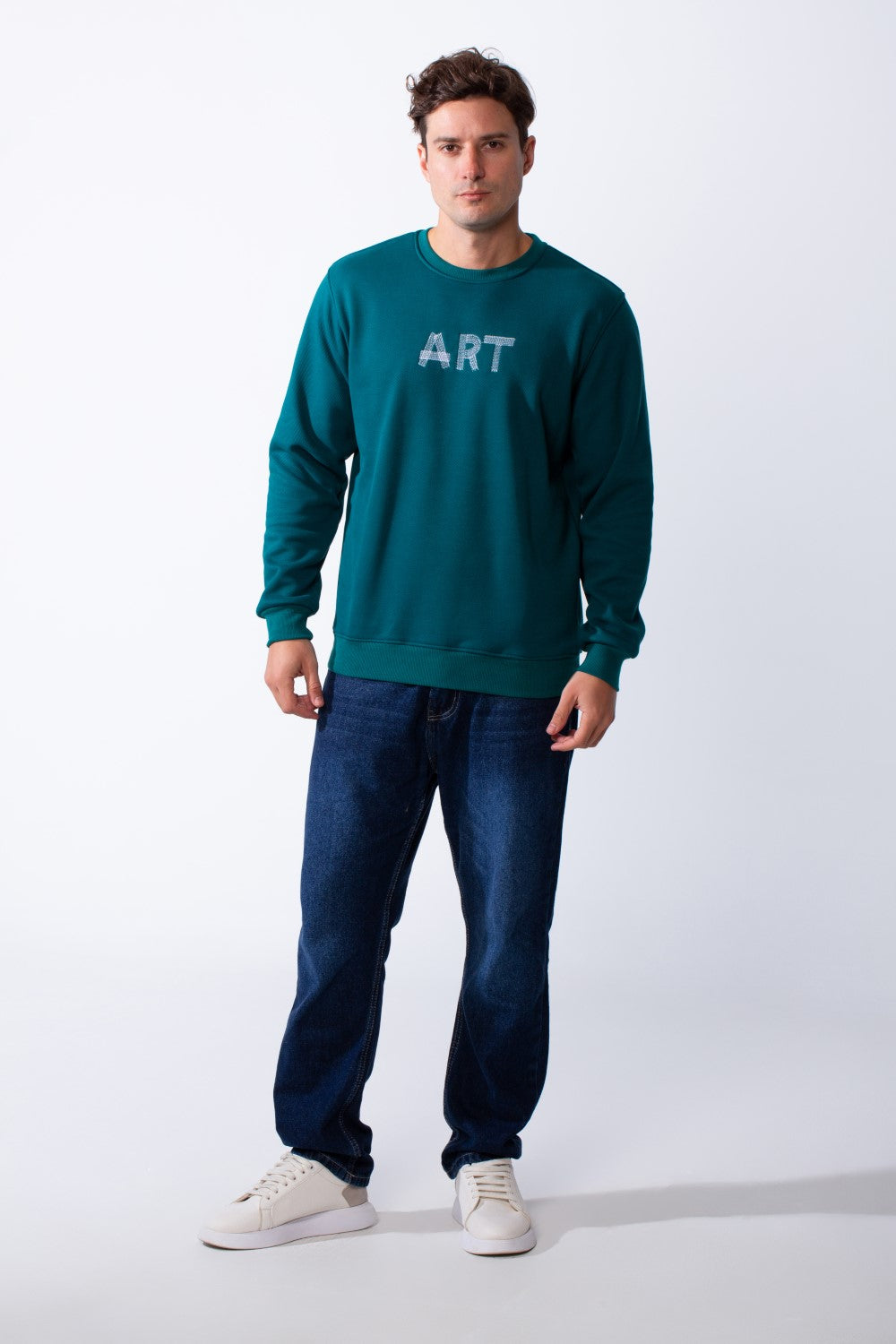 Men's Round Neck With Front Text Print Ribbed Cuffs And Waistband Slim Fit Sweatshirt