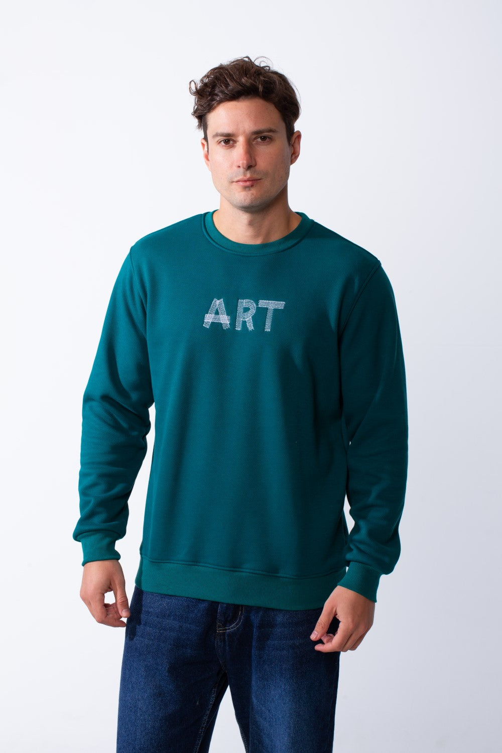Men's Round Neck With Front Text Print Ribbed Cuffs And Waistband Slim Fit Sweatshirt