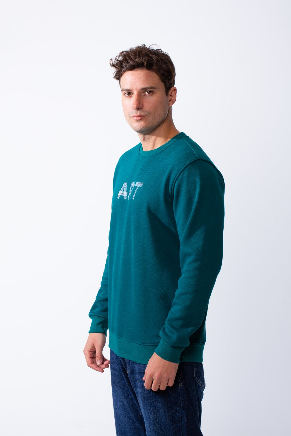 Men's Round Neck With Front Text Print Ribbed Cuffs And Waistband Slim Fit Sweatshirt