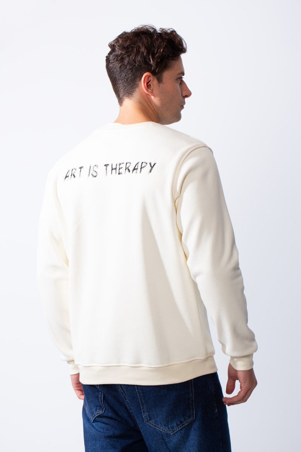 Men's Round Neck With Front Text Print Ribbed Cuffs And Waistband Slim Fit Sweatshirt