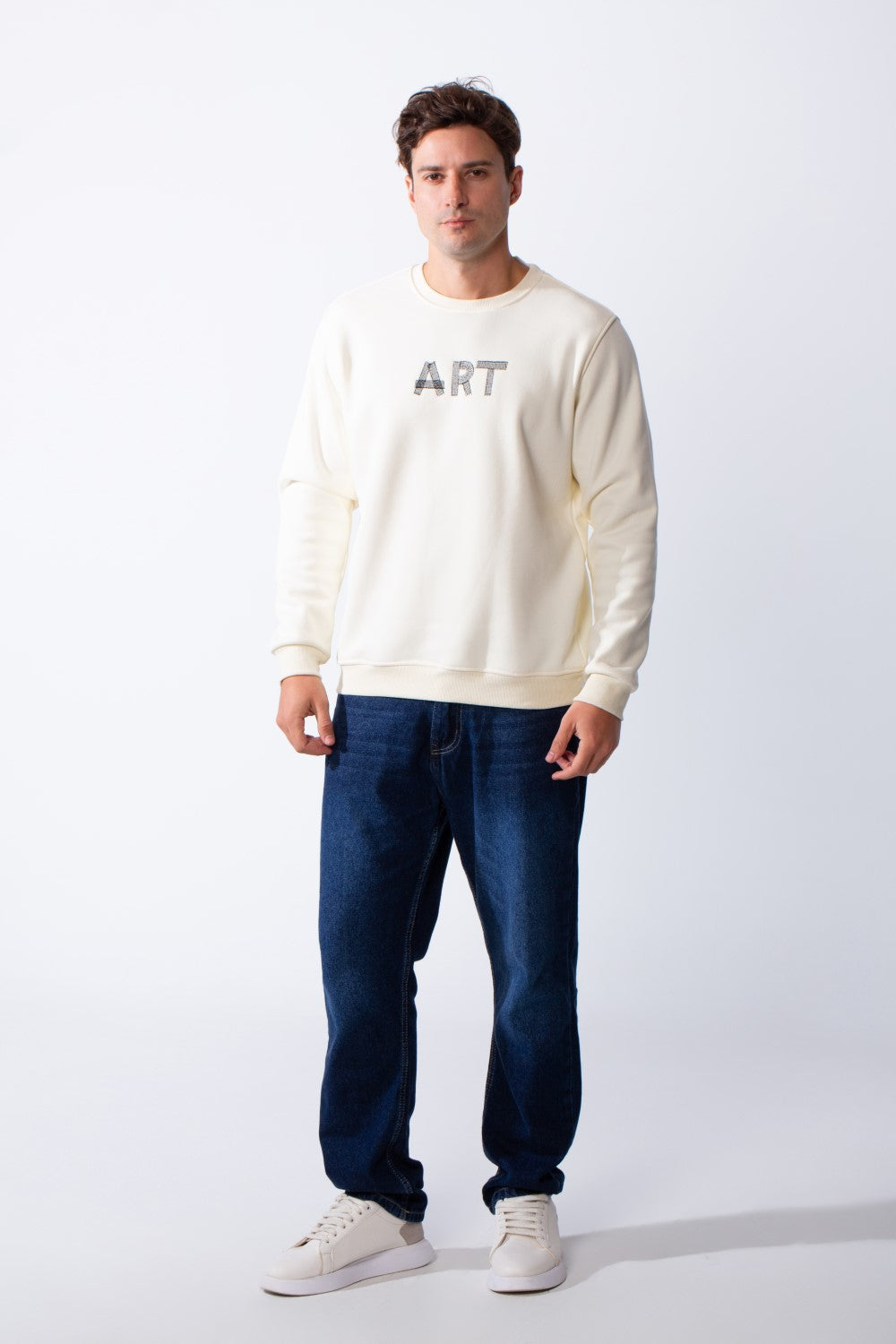 Men's Round Neck With Front Text Print Ribbed Cuffs And Waistband Slim Fit Sweatshirt