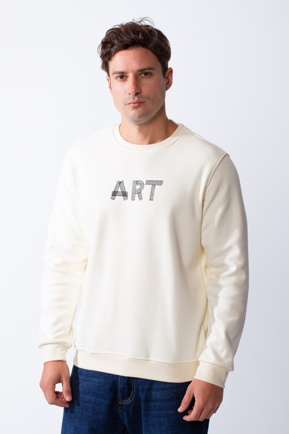 Men's Round Neck With Front Text Print Ribbed Cuffs And Waistband Slim Fit Sweatshirt