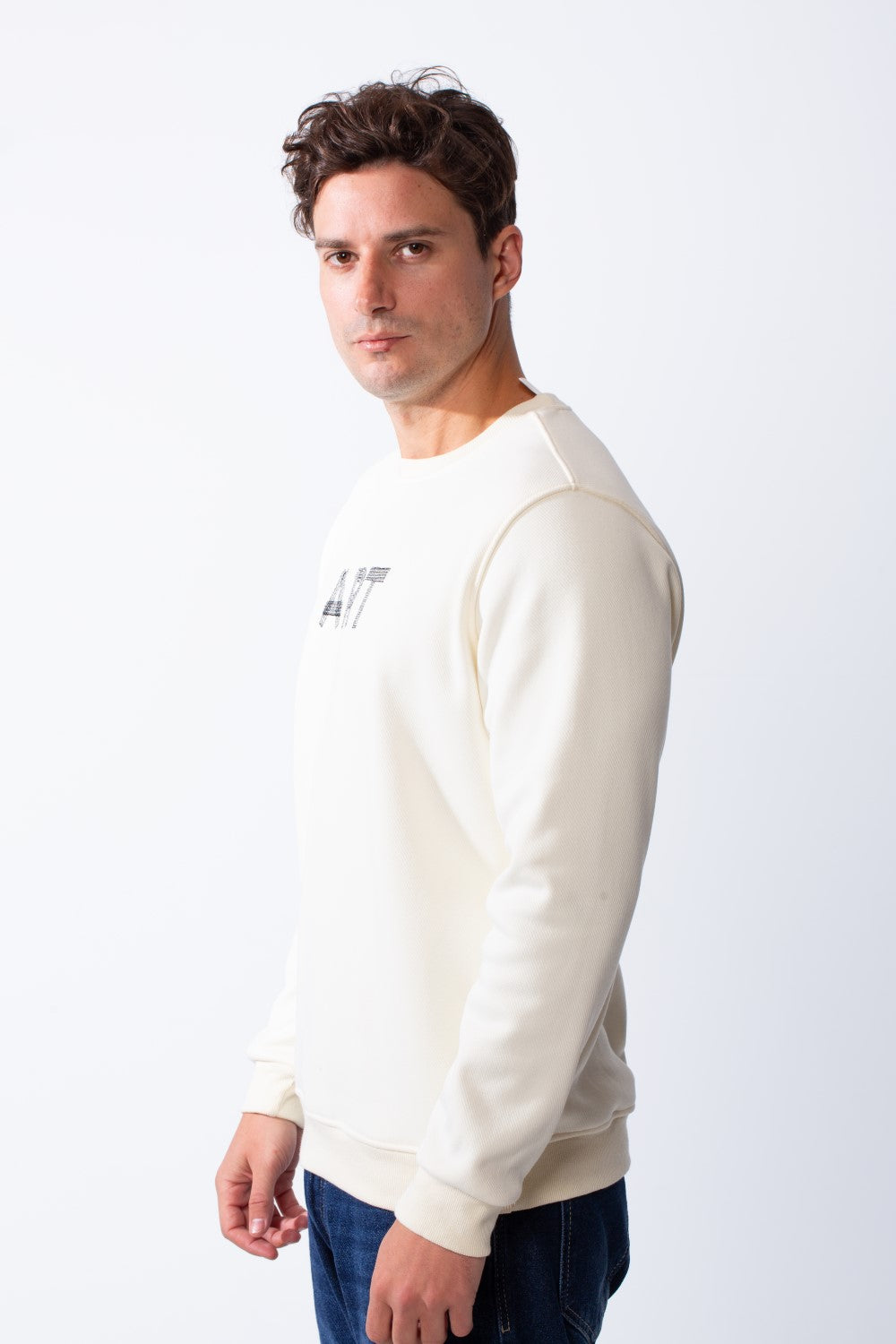 Men's Round Neck With Front Text Print Ribbed Cuffs And Waistband Slim Fit Sweatshirt