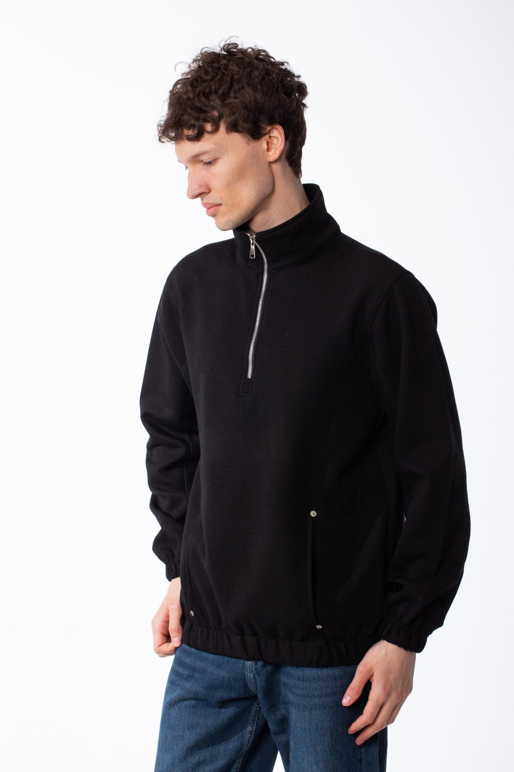 Men's Quarter-Zip Mock Neck Sweatshirt Front Panelled Construction With Curved Seam Detailed Elasticated Hem And Cuffs Side-Entry Pockets