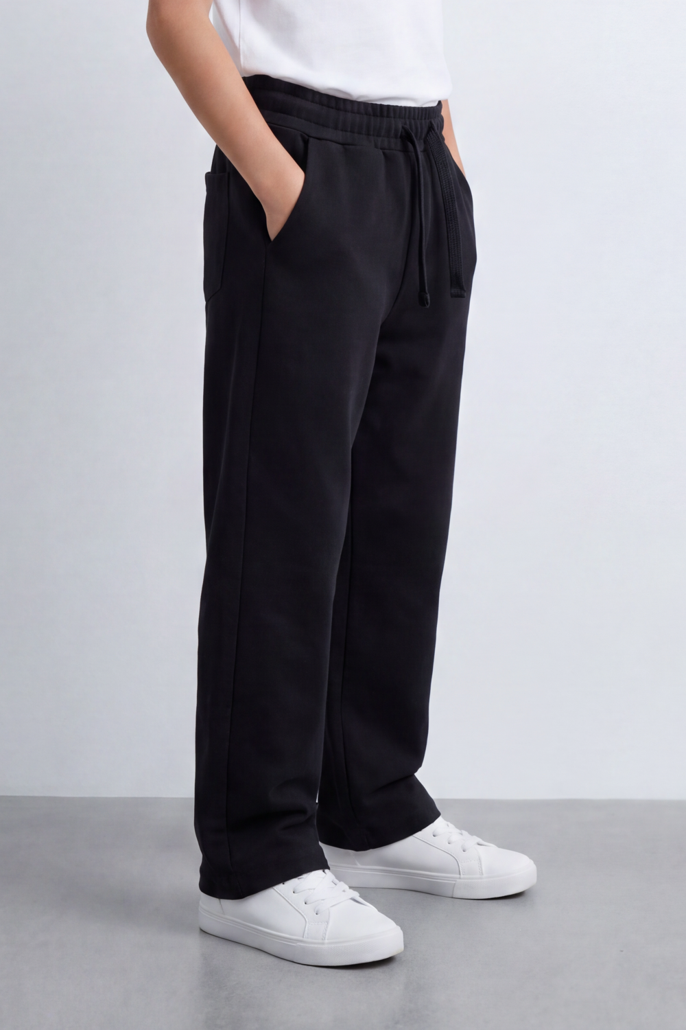 Boy's Tomato Store Everyday Drift Sweatpants Smooth Matte Texture Pull On Waist Drawcord Detail Slant Pockets Back Patch Label