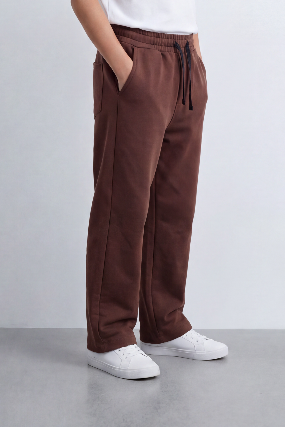 Boy's Tomato Store Everyday Drift Sweatpants Smooth Matte Texture Pull On Waist Drawcord Detail Slant Pockets Back Patch Label