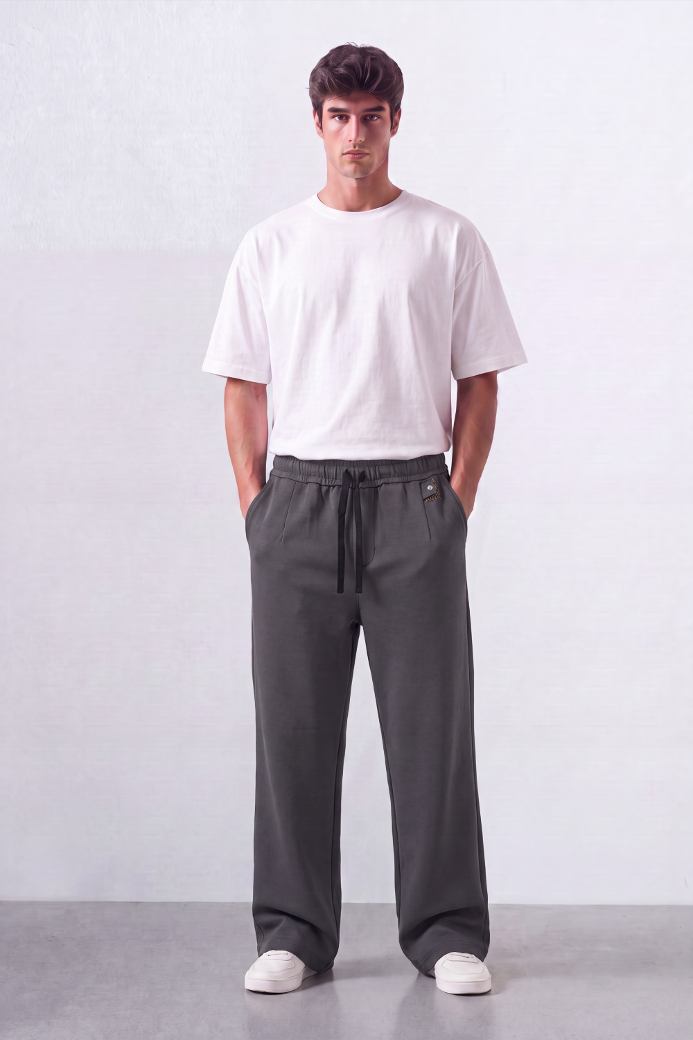 Men’s Tomato Store Wide Sweatpants Matte Brushed Texture Elastic Waist Contrast Drawcord Badge Patch