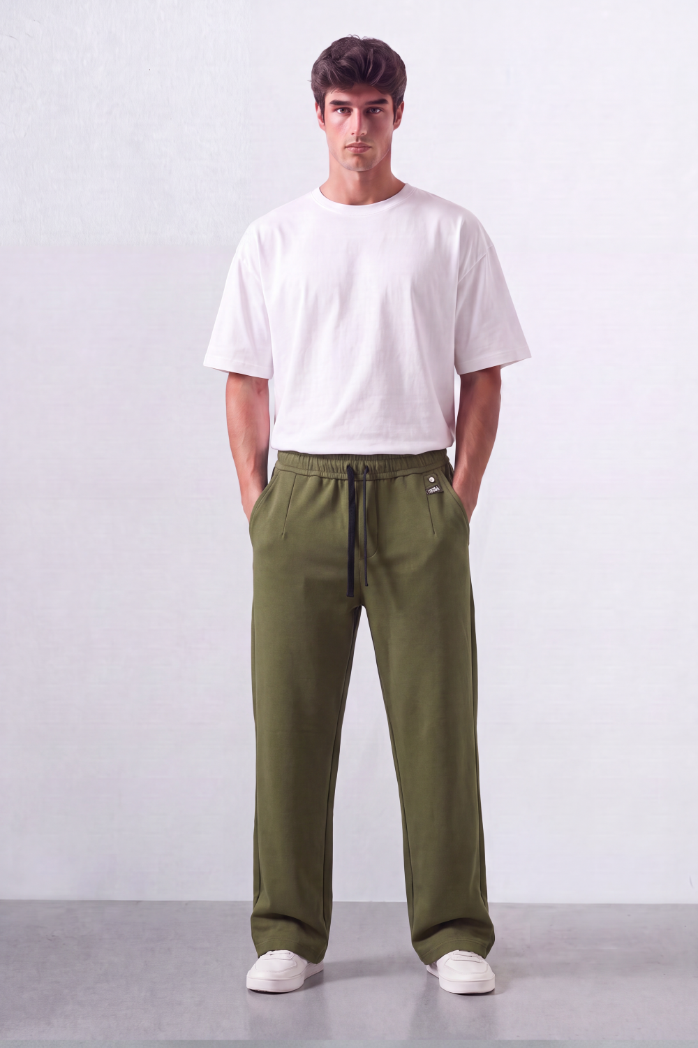 Men’s Tomato Store Wide Sweatpants Matte Brushed Texture Elastic Waist Contrast Drawcord Badge Patch