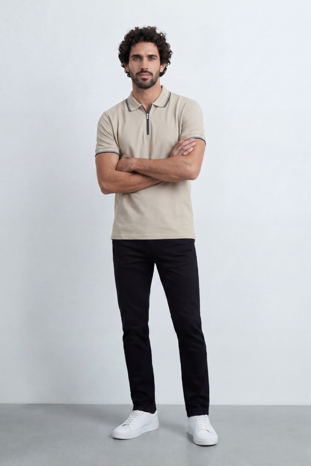Men’s Tomato Store Zip Trim T-Shirt Polo Clean Solid Surface With Fine Micro Grain Texture Half Zip Front Contrast Tipping Trims Slim Fit