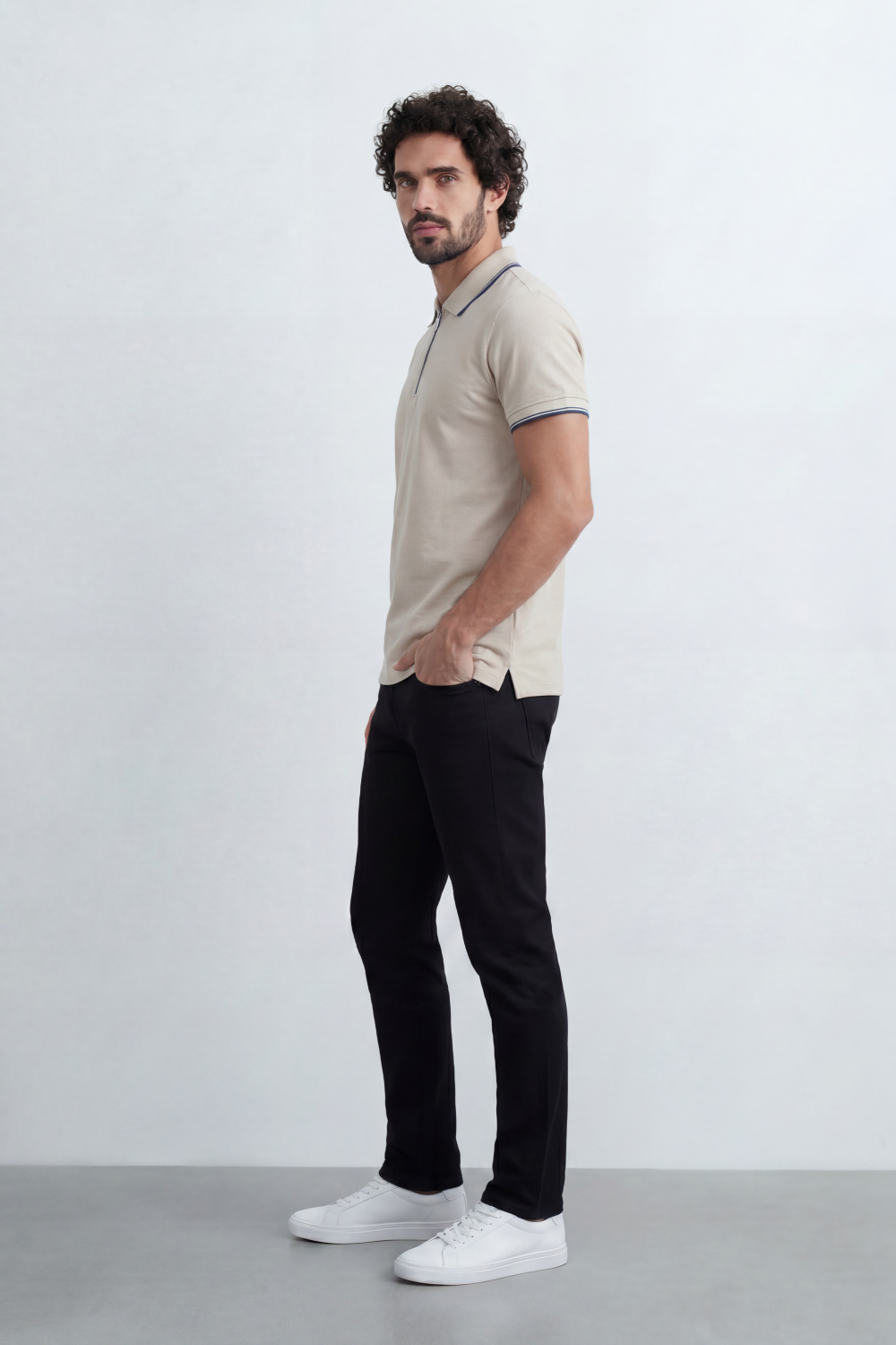 Men’s Tomato Store Zip Trim T-Shirt Polo Clean Solid Surface With Fine Micro Grain Texture Half Zip Front Contrast Tipping Trims Slim Fit
