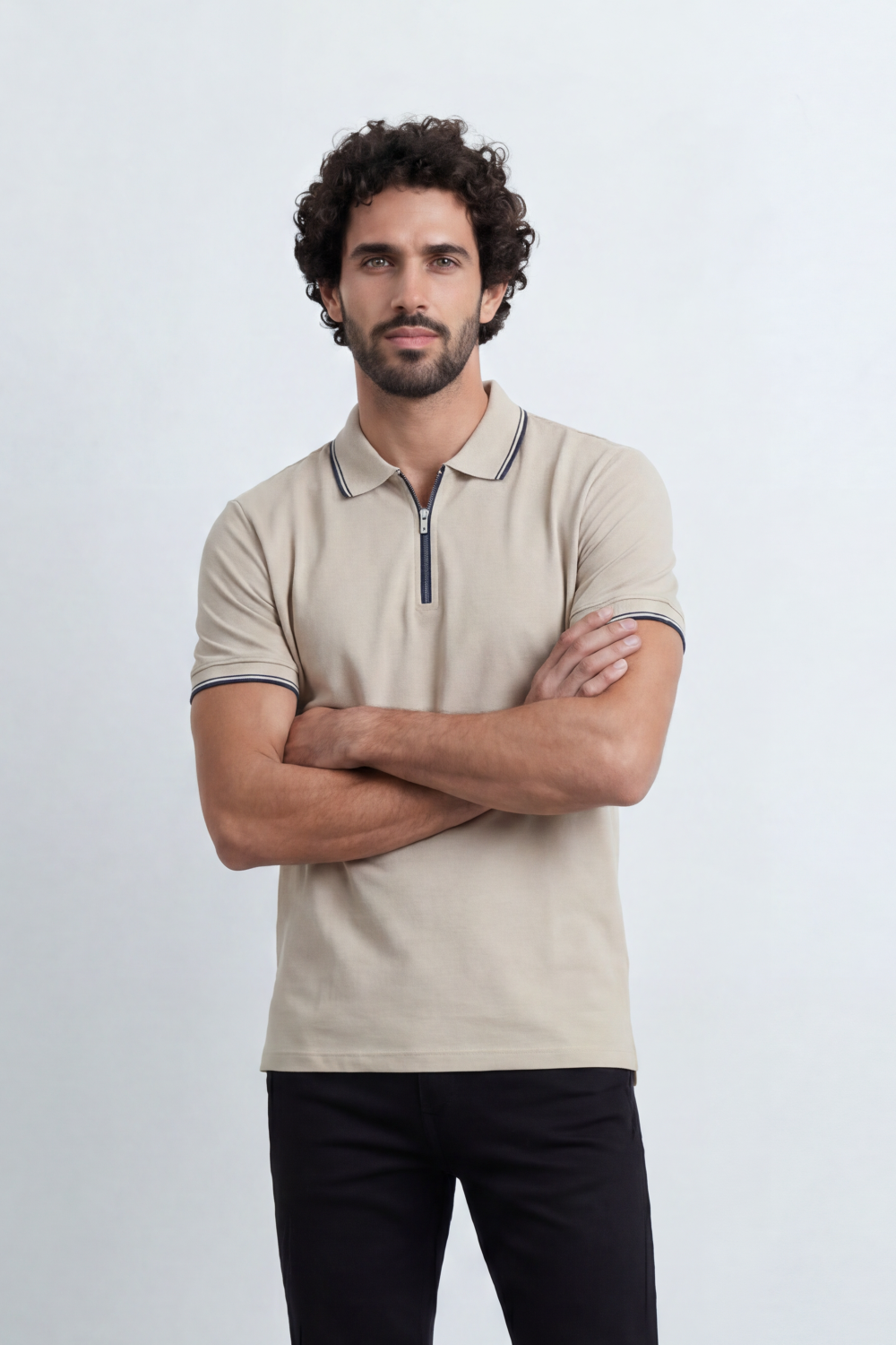 Men’s Tomato Store Zip Trim T-Shirt Polo Clean Solid Surface With Fine Micro Grain Texture Half Zip Front Contrast Tipping Trims Slim Fit