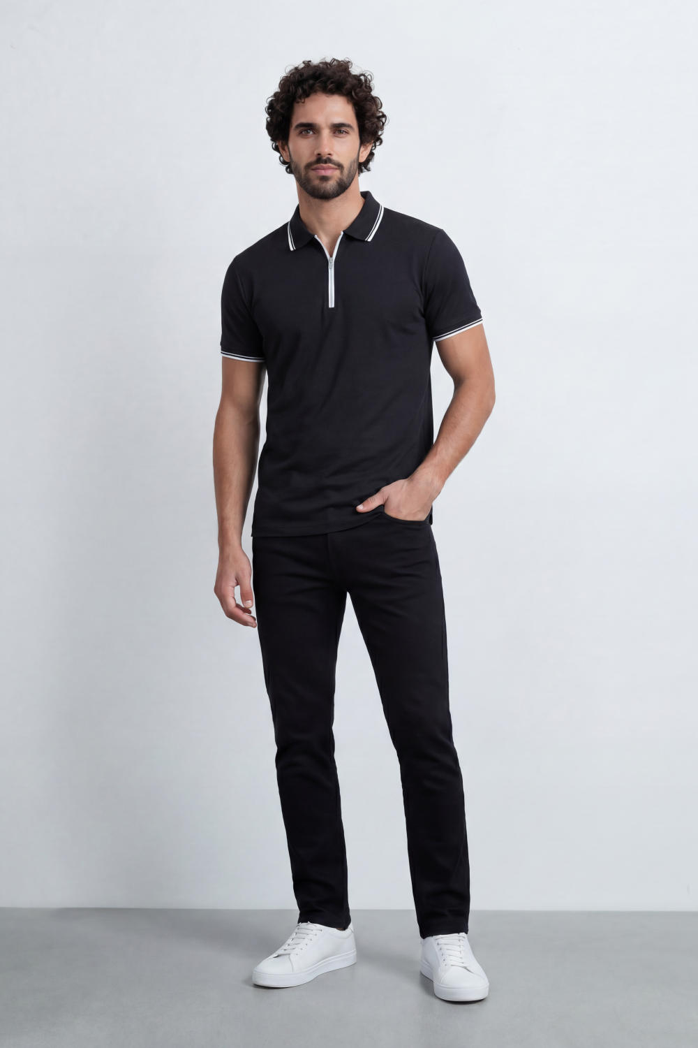 Men’s Tomato Store Zip Trim T-Shirt Polo Clean Solid Surface With Fine Micro Grain Texture Half Zip Front Contrast Tipping Trims Slim Fit
