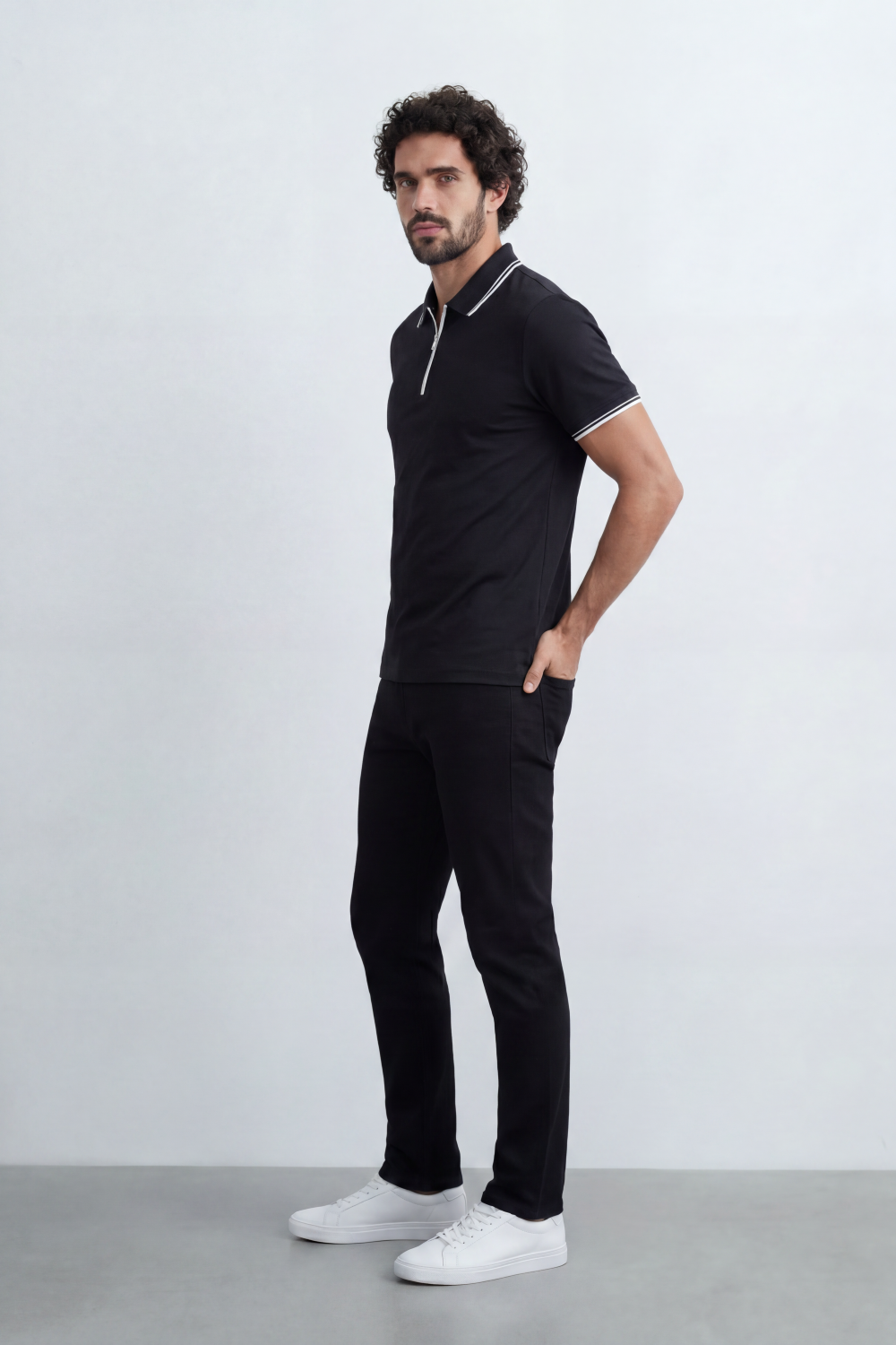 Men’s Tomato Store Zip Trim T-Shirt Polo Clean Solid Surface With Fine Micro Grain Texture Half Zip Front Contrast Tipping Trims Slim Fit