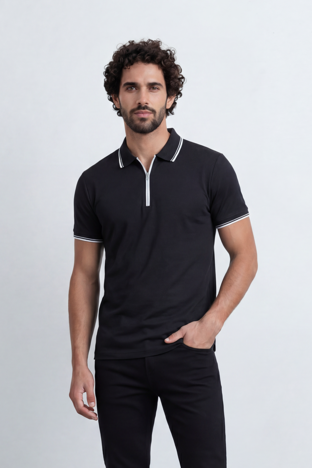 Men’s Tomato Store Zip Trim T-Shirt Polo Clean Solid Surface With Fine Micro Grain Texture Half Zip Front Contrast Tipping Trims Slim Fit