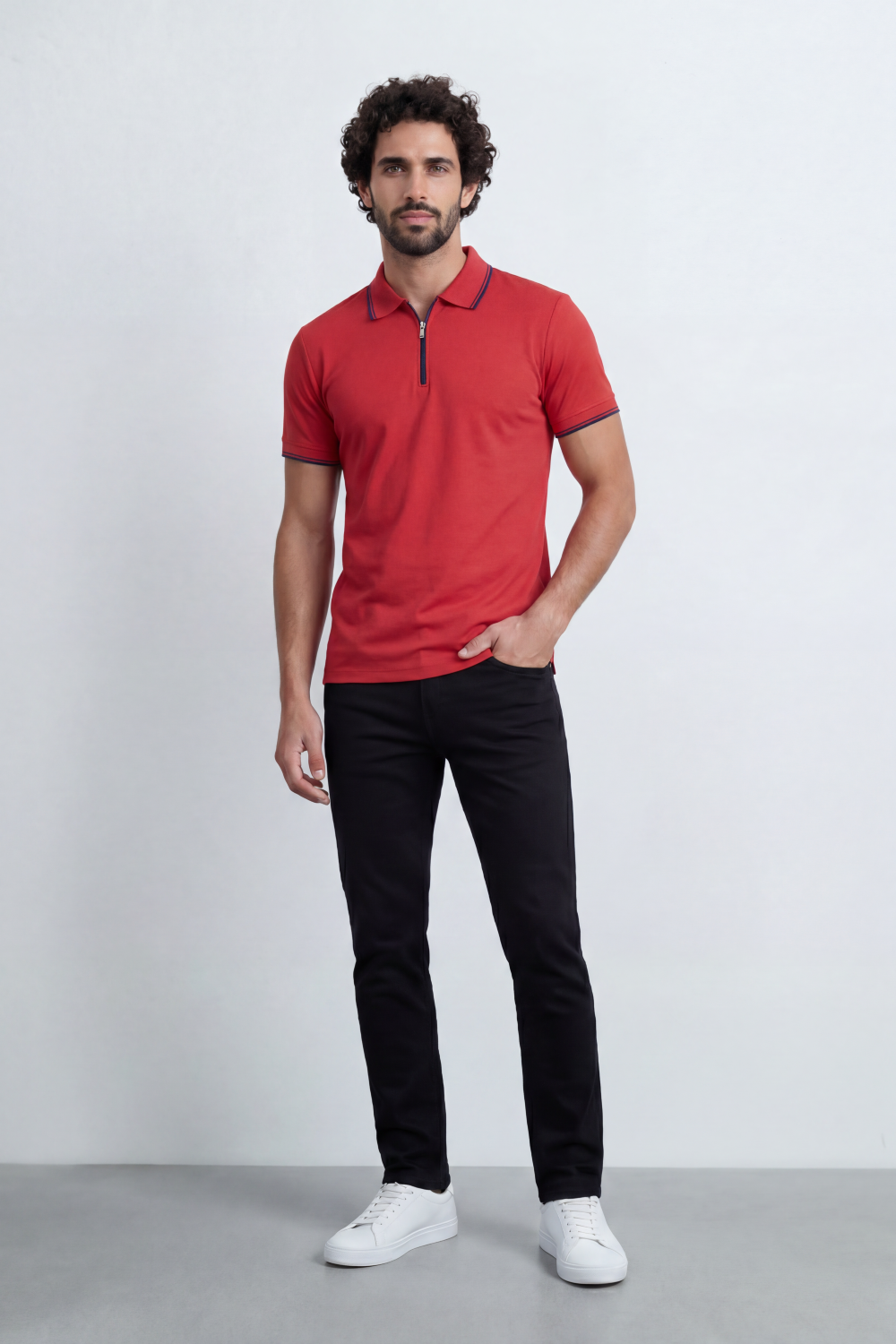 Men’s Tomato Store Zip Trim T-Shirt Polo Clean Solid Surface With Fine Micro Grain Texture Half Zip Front Contrast Tipping Trims Slim Fit