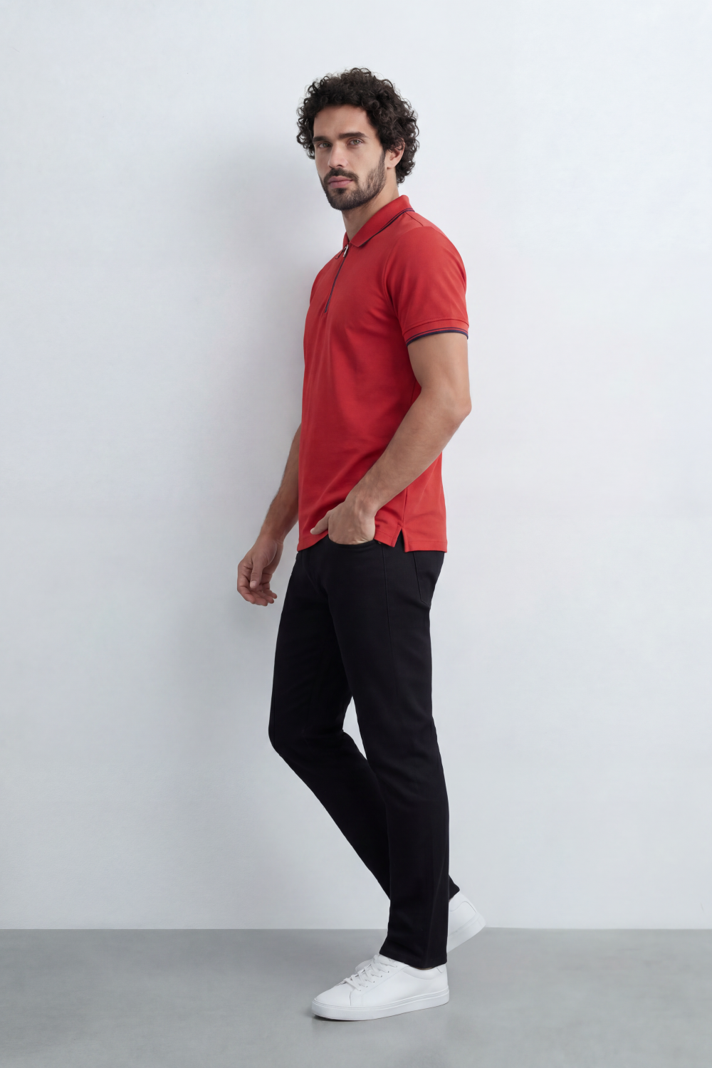 Men’s Tomato Store Zip Trim T-Shirt Polo Clean Solid Surface With Fine Micro Grain Texture Half Zip Front Contrast Tipping Trims Slim Fit