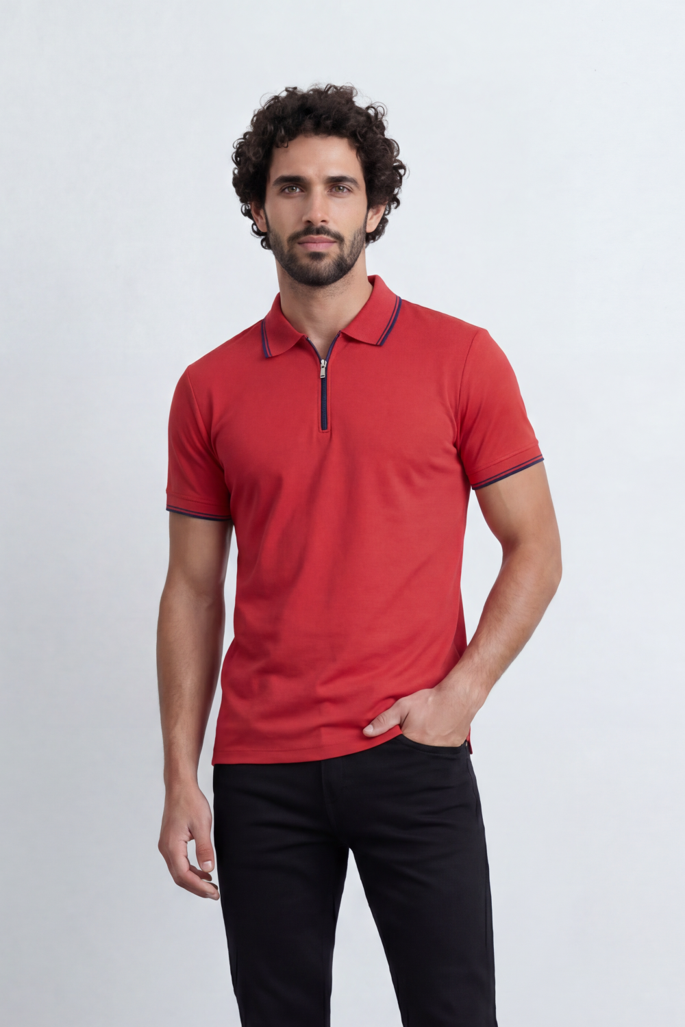 Men’s Tomato Store Zip Trim T-Shirt Polo Clean Solid Surface With Fine Micro Grain Texture Half Zip Front Contrast Tipping Trims Slim Fit